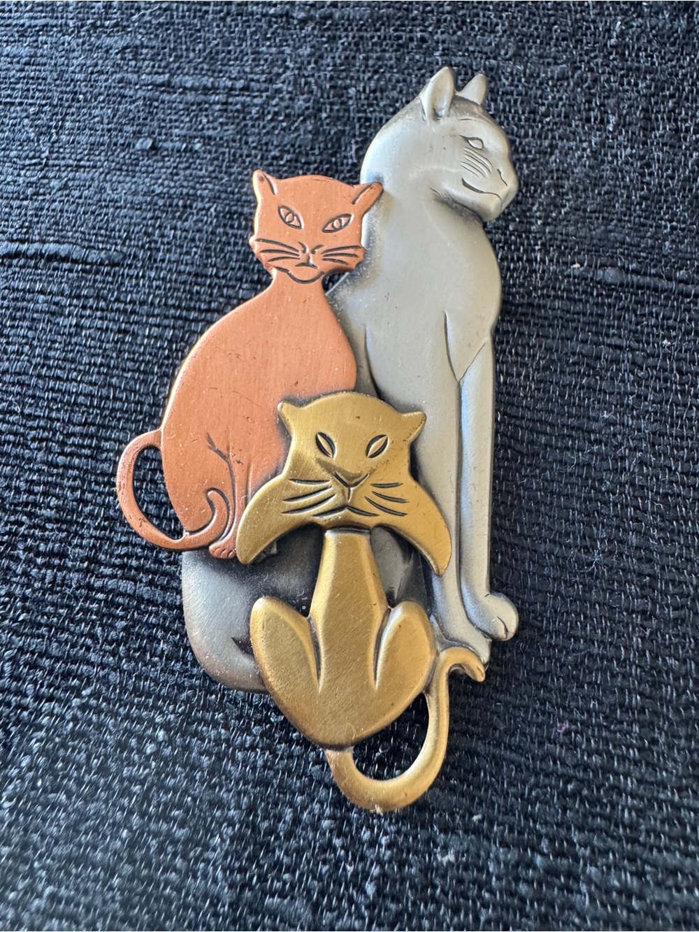 Vintage Modernist Three Cats Brooch Mixed Metal Cat Pin Art Deco Style Trio